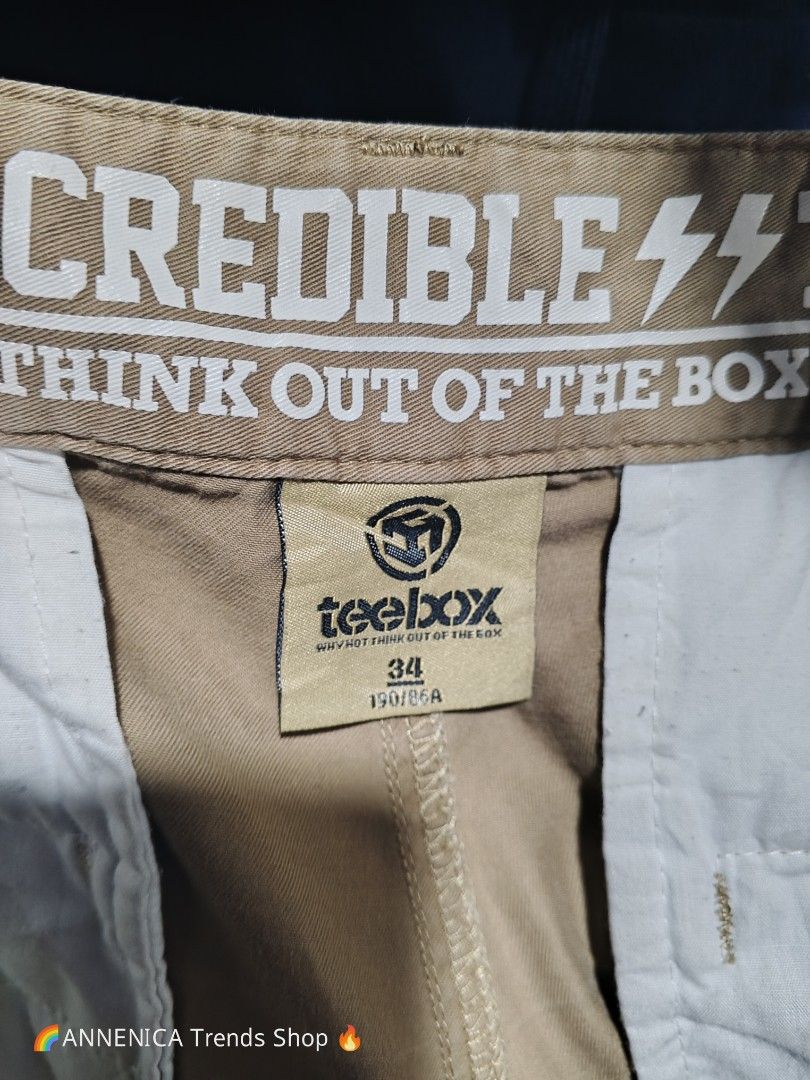 Teebox Cargo Shorts (Category: Shorts) located in Bulacan. Submitted by annenicathriftthriftlang (Listing ID 1471139237, Image 2). Description: Teebox Cargo Shorts Khaki Size 34 Incredible Teebox Chino Shorts - Khaki Brand: Teebox / Incredible Team Size: 34 on tag (34 waist) Dimes: W 34 x L 20.5 (above knee) Color: Khaki / Beige Condition: 9/10 excellent - no butas, no fading Issue: none, need wash lang Pang porma / pang daily / work shorts Makap