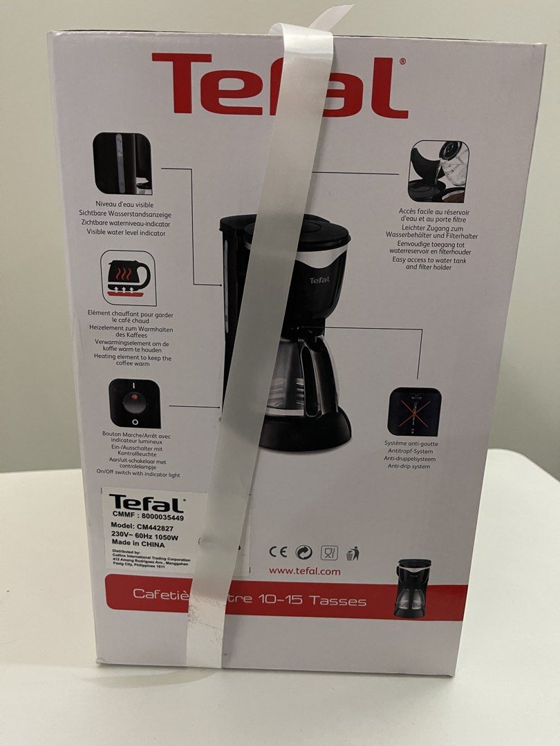 Tefal Compact Filter Coffee Maker 10-15 Cups CM442827 (Category: Coffee Machines & Makers) located in Quezon City. Submitted by bravehorse_f1f6d5 (Listing ID 1471206246, Image 2). Description: - Brand new, sealed box l - Model: Tefal CM442827 (Compact & Intuitive) - Capacity: 1.25L / 10 to 15 cups - Features: Visible water level indicator & easy-access water tank/filter holder - Convenience: Anti-drip system & heating element to keep coffee warm 
