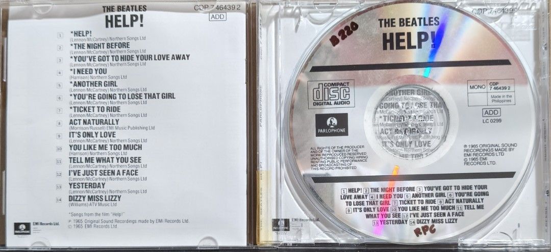 The Beatles - Help! CD Album Parlophone Stereo (Category: CDs & DVDs) located in Manila. Submitted by ruelcabrer77078 (Listing ID 1471286596, Image 2). Description: - Artist & Album: The Beatles - Help! - Label: Parlophone (Manufactured and distributed in the Philippines by EMI) - Tracks: 14 tracks total, with tracklist on back and inside tray - Inclusions: Jewel case with booklet inserts and iconic cover art - Condition Notes: Disc surface has w