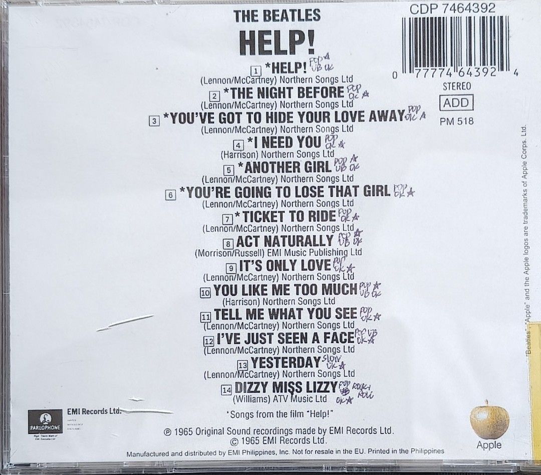 The Beatles - Help! CD Album Parlophone Stereo (Category: CDs & DVDs) located in Manila. Submitted by ruelcabrer77078 (Listing ID 1471286596, Image 3). Description: - Artist & Album: The Beatles - Help! - Label: Parlophone (Manufactured and distributed in the Philippines by EMI) - Tracks: 14 tracks total, with tracklist on back and inside tray - Inclusions: Jewel case with booklet inserts and iconic cover art - Condition Notes: Disc surface has w