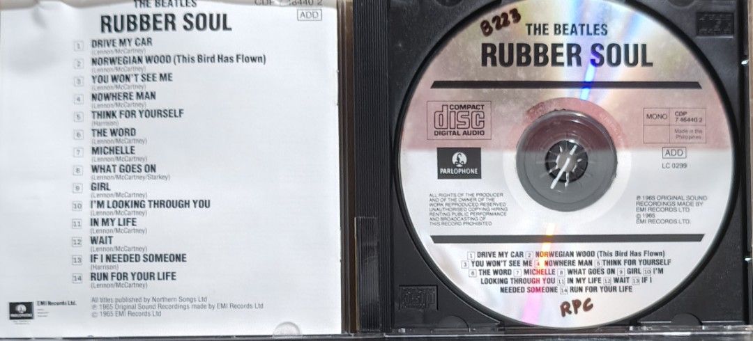 The Beatles Rubber Soul CD Album (Category: CDs & DVDs) located in Manila. Submitted by ruelcabrer77078 (Listing ID 1471286681, Image 2). Description: - Title: The Beatles - Rubber Soul (Classic Album) - Format: Audio CD in standard jewel case with booklet - Key Tracks: Drive My Car, Norwegian Wood, In My Life, and more - Details: EMI Philippines release with barcode on rear inlay; disc features handwritten markings - Condition/Note: Great additi