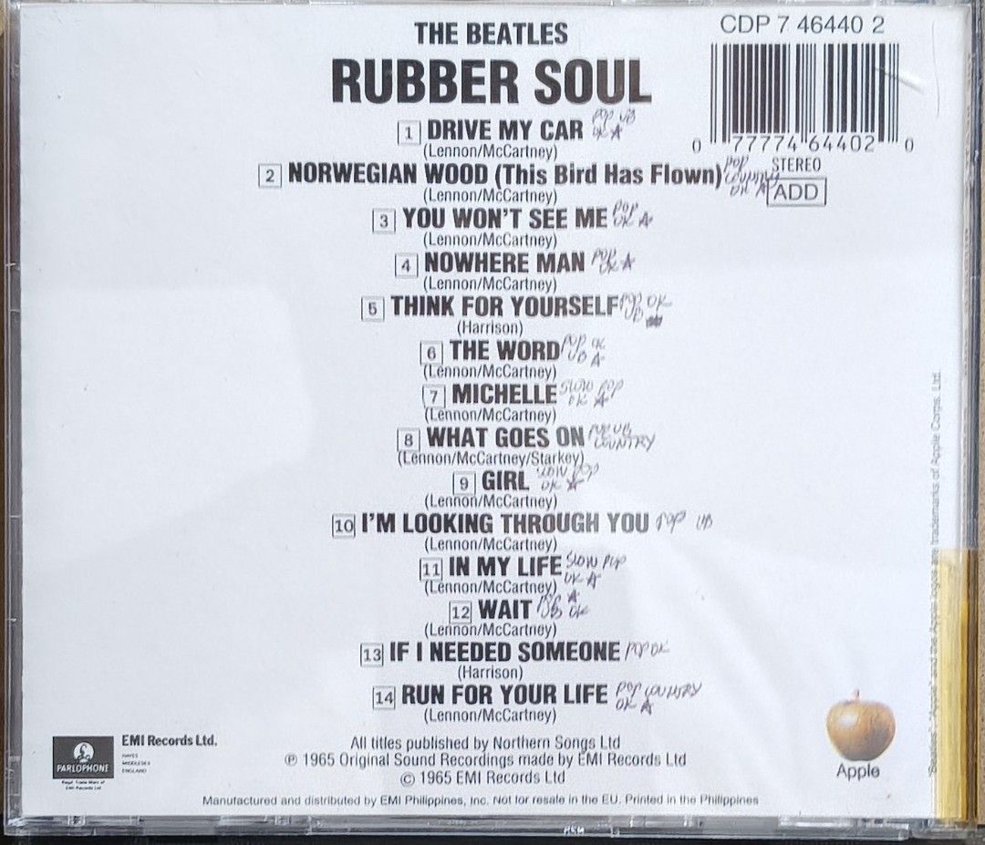 The Beatles Rubber Soul CD Album (Category: CDs & DVDs) located in Manila. Submitted by ruelcabrer77078 (Listing ID 1471286681, Image 3). Description: - Title: The Beatles - Rubber Soul (Classic Album) - Format: Audio CD in standard jewel case with booklet - Key Tracks: Drive My Car, Norwegian Wood, In My Life, and more - Details: EMI Philippines release with barcode on rear inlay; disc features handwritten markings - Condition/Note: Great additi