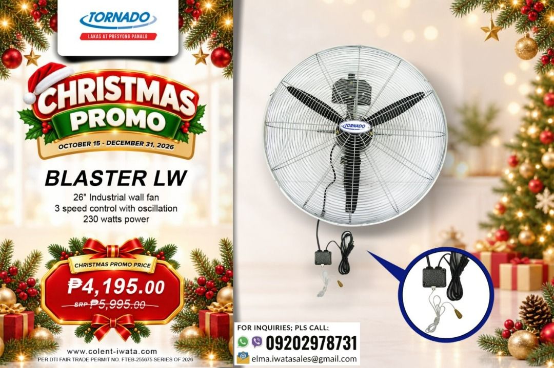 Tornado Blaster LW 26" Industrial Wall Fan (Category: Fans) located in Quezon City. Submitted by iwata_sales (Listing ID 1471189684, Image 1). Description: - Model: Tornado Blaster LW Industrial Wall Fan - Size: 26-inch for maximum air coverage - Motor: Powerful 230W heavy-duty motor - Controls: 3 speed settings with easy-to-use wired controller - Function: Smooth oscillation for wide-area cooling - Ideal for: Workshops, warehouses, and large ope