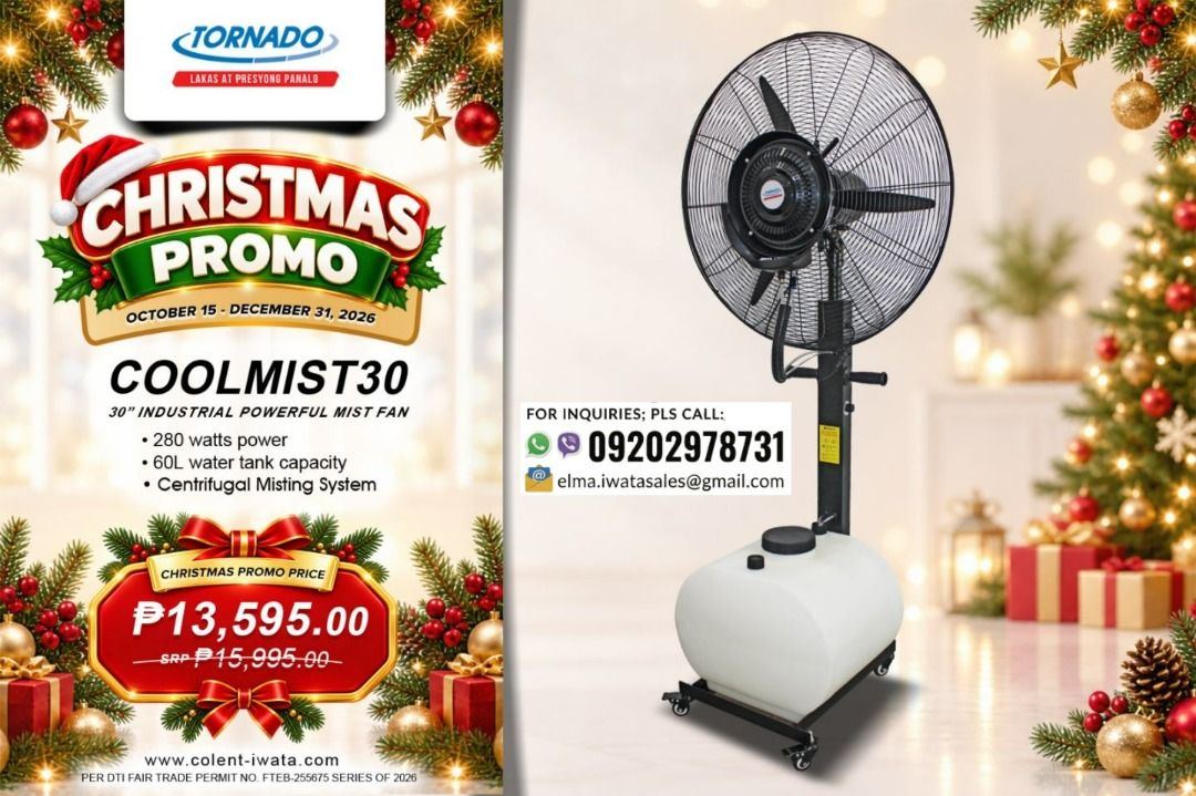 Tornado Coolmist 30 Industrial Powerful Mist Fan (Category: Fans) located in Quezon City. Submitted by iwata_sales (Listing ID 1471183143, Image 1). Description: - Christmas Promo Price: ₱13,595 only! - Model: Tornado Coolmist 30 Industrial Mist Fan - Power: 280W high-performance motor - Capacity: Large 60L built-in water tank in the base - Cooling System: Fast-acting centrifugal misting for large spaces - Design: Sleek black fan head/stand with 
