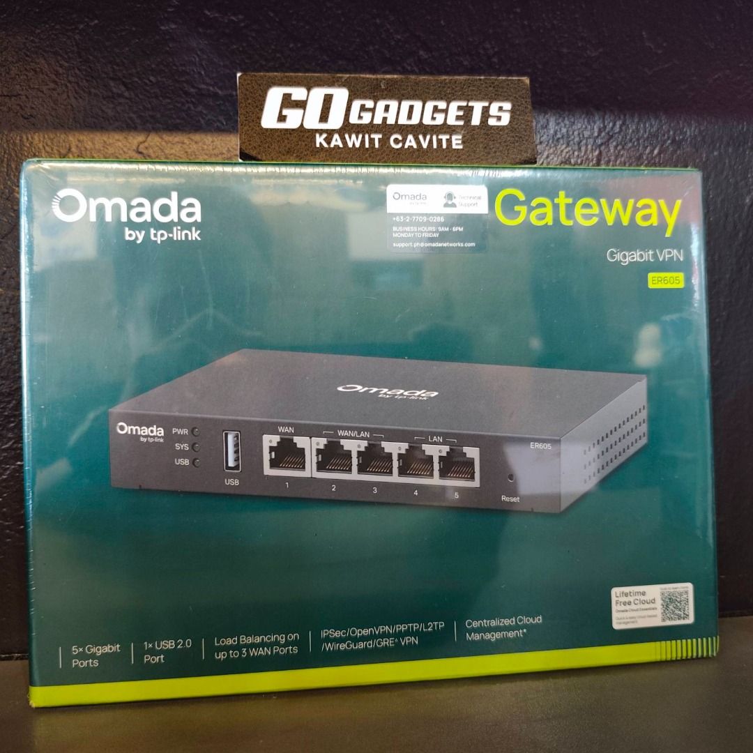 TP-Link Omada ER605 Gigabit VPN Gateway (Category: Networking) located in Cavite. Submitted by jerickher83429 (Listing ID 1471178694, Image 1). Description: - Brand new & 100% factory sealed in original plastic wrap - 5 Gigabit ports & 1 USB 2.0 port for high-speed connectivity - Multi-WAN load balancing supports up to 3 WAN ports - Advanced secure VPN protocols: IPsec, OpenVPN, PPTP, L2TP, WireGuard, and GRE - Centralized cloud management capabi