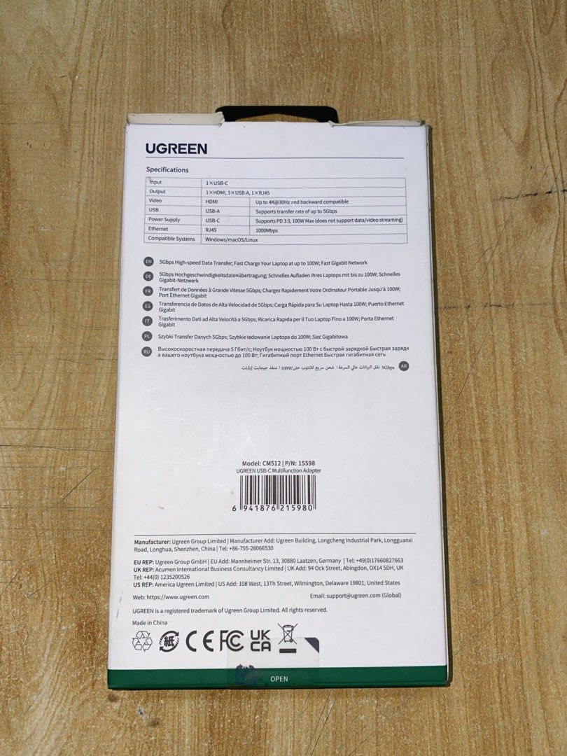 UGREEN 6-in-1 USB-C Multifunction Adapter 4K CM512 (Category: Cables & Adaptors) located in Pasig City. Submitted by mtiffy (Listing ID 1471244356, Image 2). Description: - Brand: UGREEN 6-in-1 USB-C Multifunction Adapter (Space Grey) - Condition: Used But Like New. Opened to be checked and tested only ONCE. - Ports included: 4K HDMI, 3 x USB 3.0, Gigabit Ethernet - Power: Supports 100W Power Delivery (PD) - Compatibility: Works seamlessly with b