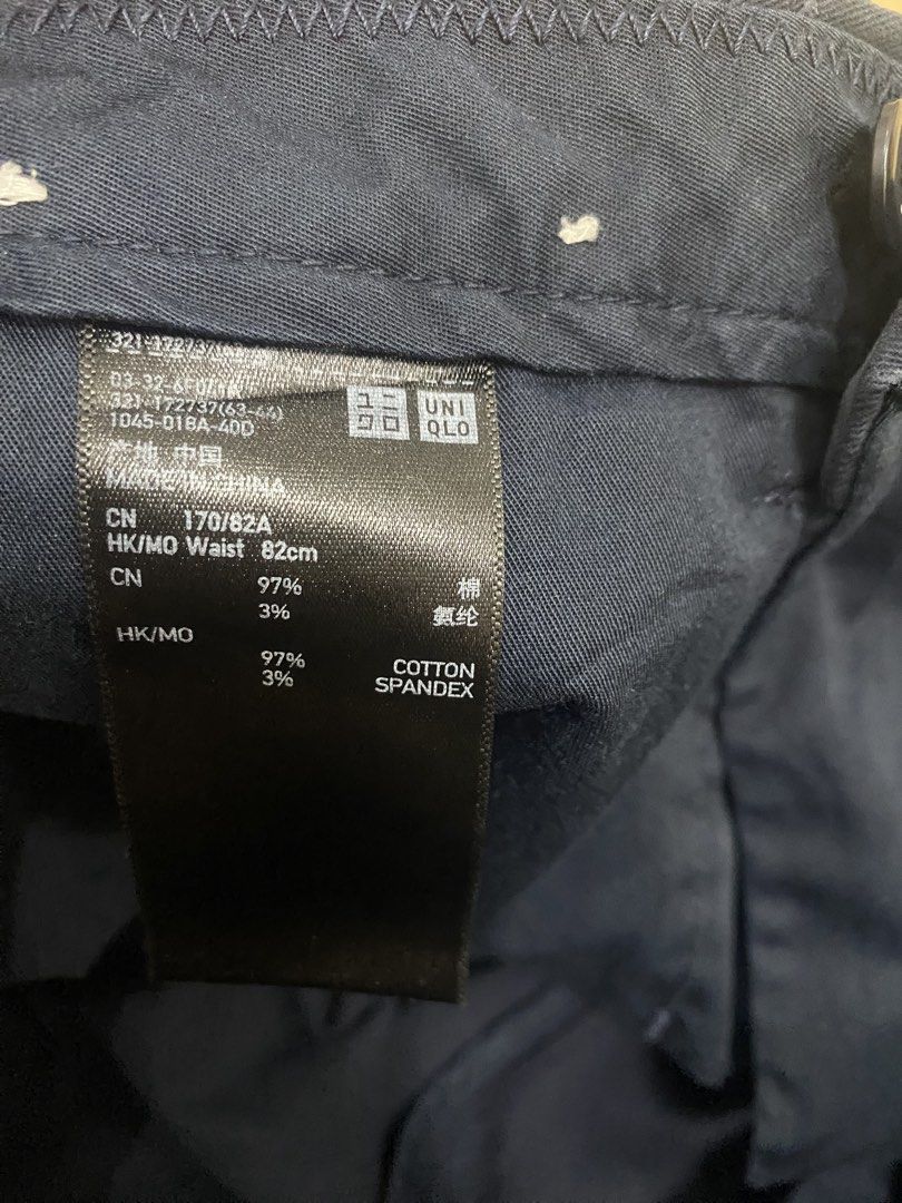 UNIQLO PANTS CHINO (Category: Chinos) located in Baguio. Submitted by dmnddnmd (Listing ID 1471184207, Image 2). Description: - Brand: Uniqlo - Color: Dark blue - Material: 97% cotton, 3% spandex (comfortable stretch) - Size: Waist 82cm / SIZE 30-32 - Design: Flat front with button closure and belt loops - Measurements: ~37 inches total length, ~7 inches leg opening.