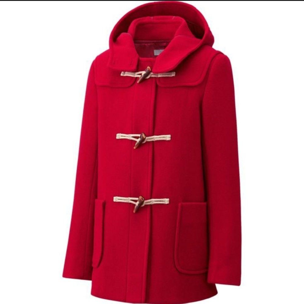 UNIQLO Wool-Blend Red Duffle Coat (Category: Coats, Jackets and Outerwear) located in Puerto Princesa. Submitted by terdsthrift (Listing ID 1471290435, Image 3). Description: UNIQLO Wool-Blend Red Duffle Coat Size: Small Width: 18.5 Length: 27 Shoulder: 15 Sleeves: 23 In Excellent Condition No Issue Color Rate: 10/10 - Color/Material: Bright red wool, fully lined interior - Closure: Classic toggle closure with horn-style buttons and rope loops - 