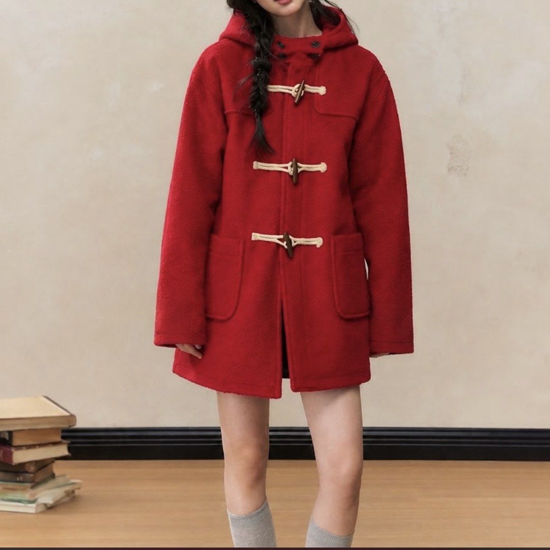 UNIQLO Wool-Blend Red Duffle Coat (Category: Coats, Jackets and Outerwear) located in Puerto Princesa. Submitted by terdsthrift (Listing ID 1471290435, Image 2). Description: UNIQLO Wool-Blend Red Duffle Coat Size: Small Width: 18.5 Length: 27 Shoulder: 15 Sleeves: 23 In Excellent Condition No Issue Color Rate: 10/10 - Color/Material: Bright red wool, fully lined interior - Closure: Classic toggle closure with horn-style buttons and rope loops - 