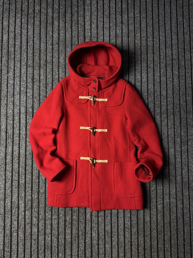 UNIQLO Wool-Blend Red Duffle Coat (Category: Coats, Jackets and Outerwear) located in Puerto Princesa. Submitted by terdsthrift (Listing ID 1471290435, Image 1). Description: UNIQLO Wool-Blend Red Duffle Coat Size: Small Width: 18.5 Length: 27 Shoulder: 15 Sleeves: 23 In Excellent Condition No Issue Color Rate: 10/10 - Color/Material: Bright red wool, fully lined interior - Closure: Classic toggle closure with horn-style buttons and rope loops - 