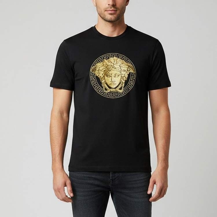 Versace Medusa Head Black T-Shirt (Category: Tshirts & Polo Shirts ) located in Taytay. Submitted by bunsoanglo096 (Listing ID 1471196622, Image 1). Description: - Brand: Versace - Color: Black - Material: 100% Cotton - Size: XL - Origin: Made in Italy - Design: Large gold and silver embroidered Medusa logo with stud embellishments on the chest - Details: Includes collar tag and authenticity label - Condition: Great overall condition with clean f