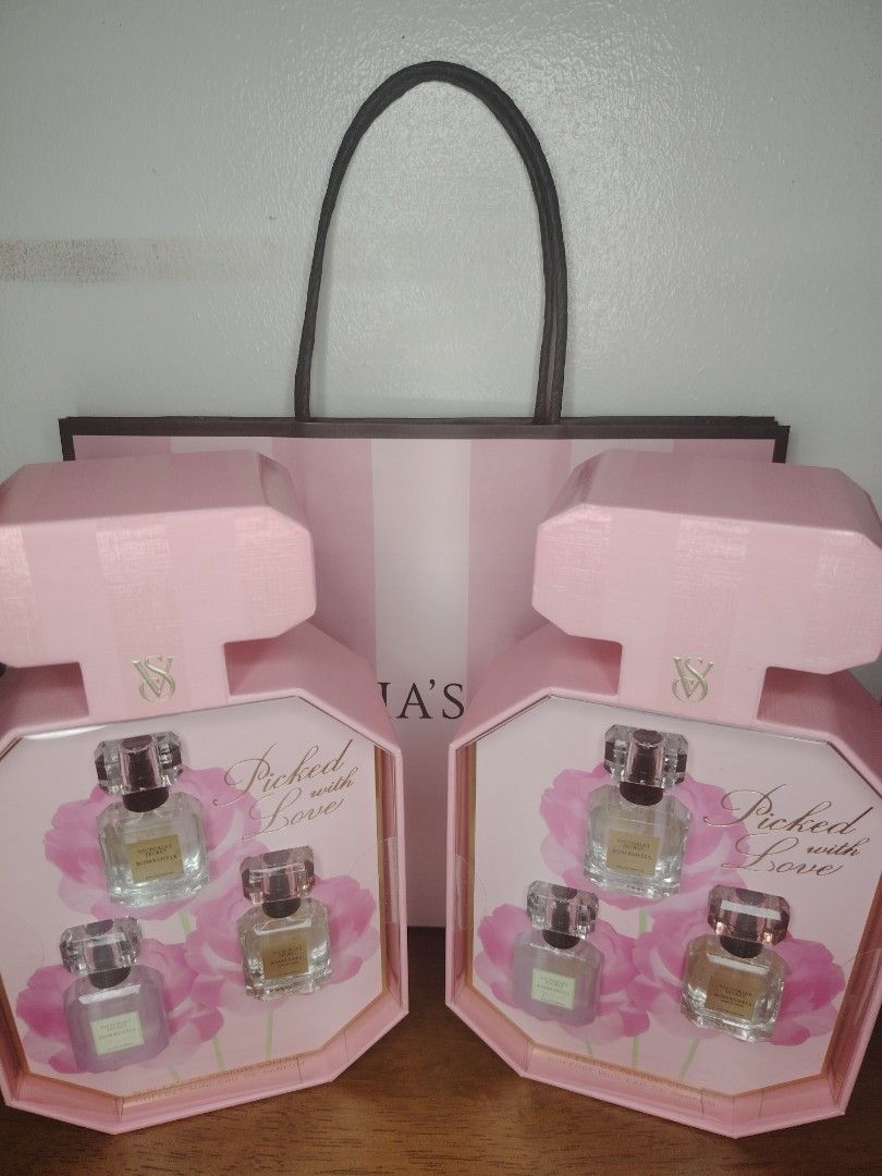 Victoria's Secret Bombshell Picked With Love Mini Perfume Set (Category: Fragrance & Deodorants) located in Manila. Submitted by cmmirandilla (Listing ID 1471175621, Image 1). Description: - Brand: Victoria's Secret - Item: Bombshell Mini Perfume Coffret Sets (2 boxes available) - Condition: Brand new, unopened, and 100% unused - Inclusions per box: 3 mini Eau de Parfum bottles (Scents include Bombshell Seduction and Bombshell Bouquet) - Packagin