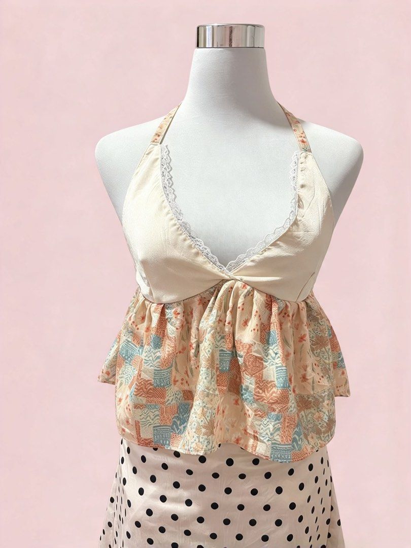 Vintage Patchwork Halter Top with Lace Trim (Category: Sleeveless) located in Koronadal. Submitted by ciara_12 (Listing ID 1471271021, Image 1). Description: Chic cream halter top featuring a low V-neck with white lace trim, an open back, and a flowy peach, teal, and brown patchwork hem. Soft, comfortable, and ties at the neck..