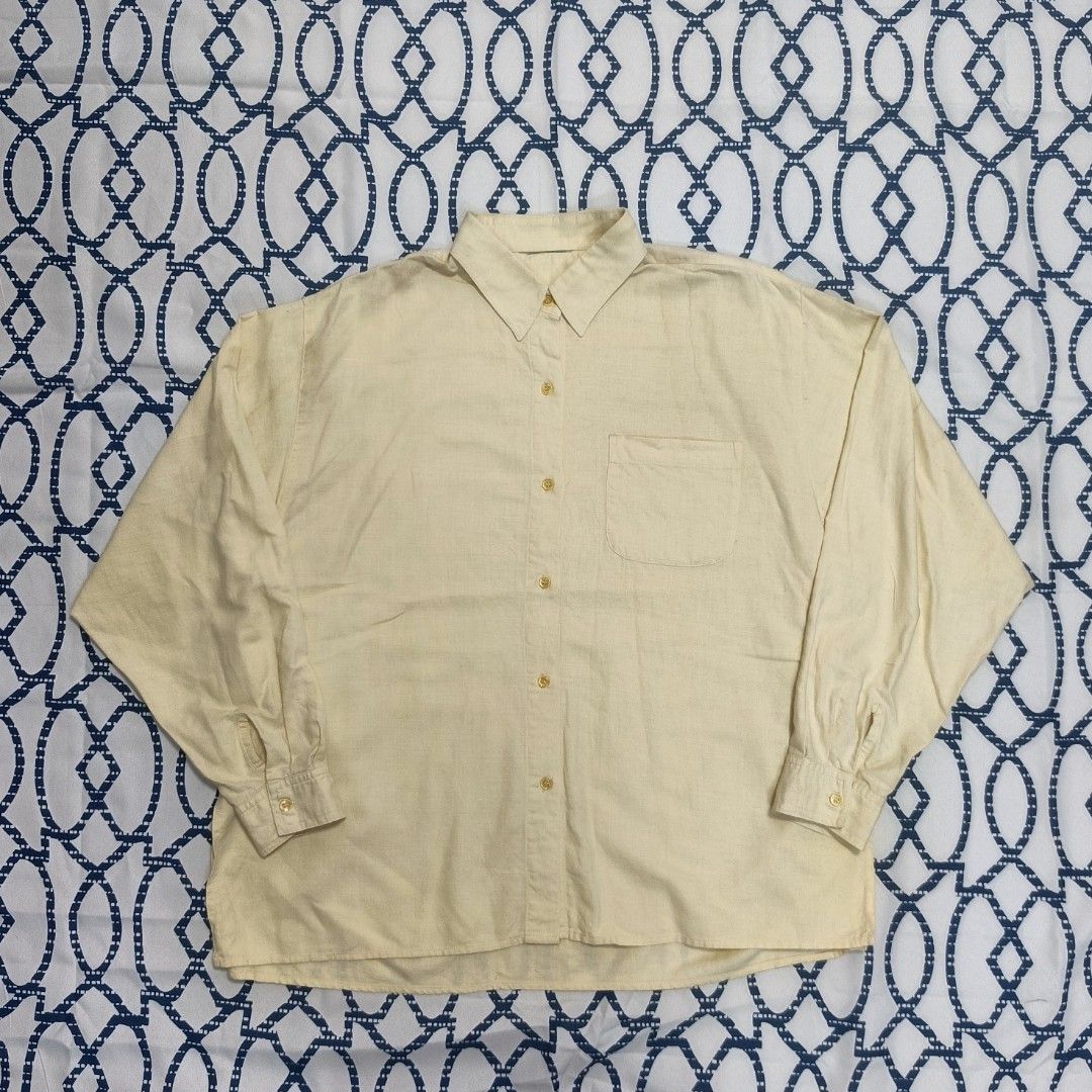 Vintage Yellow Long Sleeve Button Down Shirt (Category: Formal Shirts) located in General Trias. Submitted by tyoc_82706 (Listing ID 1471206556, Image 1). Description: No tag ‎Sleeves: 22 inches ‎Length: 26 inches ‎Width: 23 inches ‎‎Issues: minimal discoloration on upper left side.