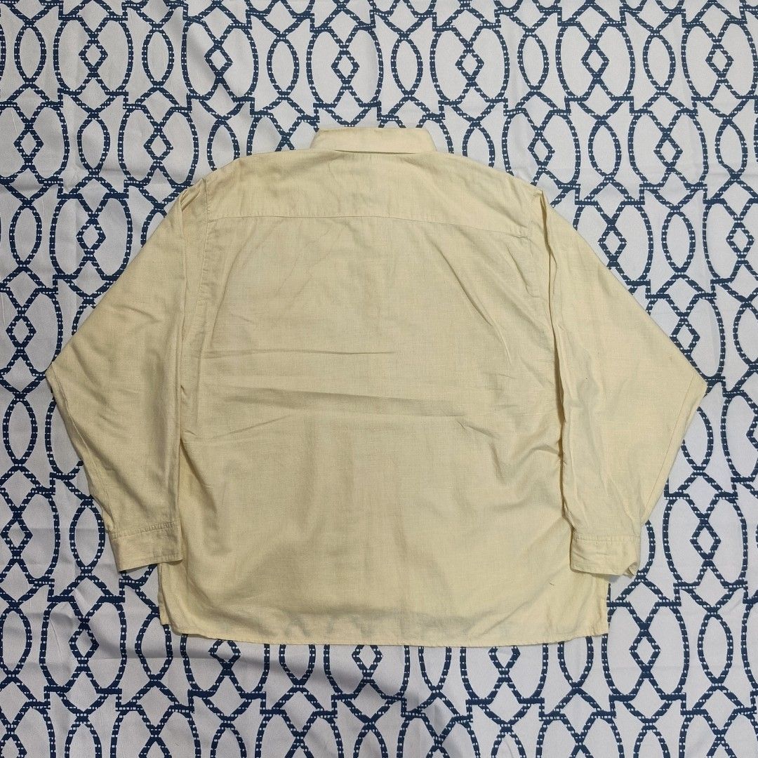 Vintage Yellow Long Sleeve Button Down Shirt (Category: Formal Shirts) located in General Trias. Submitted by tyoc_82706 (Listing ID 1471206556, Image 2). Description: No tag ‎Sleeves: 22 inches ‎Length: 26 inches ‎Width: 23 inches ‎‎Issues: minimal discoloration on upper left side.