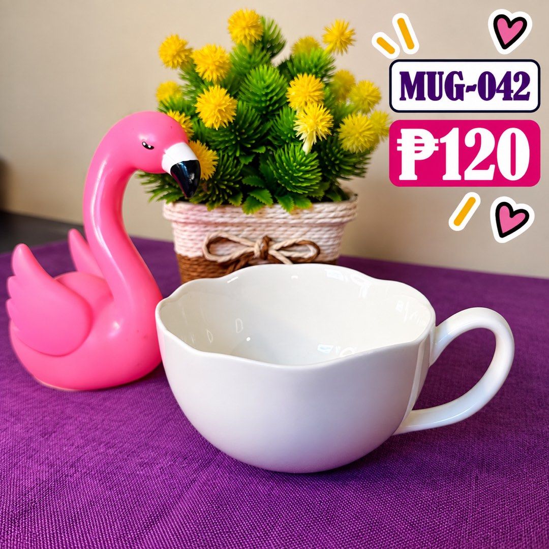 White Ceramic Scalloped Mug MUG-042 (Category: Coffee & Tea Tableware) located in Manila. Submitted by zamarah08 (Listing ID 1471208693, Image 1). Description: - Material: White ceramic with a clean glossy finish - Design: Elegant scalloped flower edge with a nice rounded shape - Comfort: Features a comfortable handle for easy gripping - Versatile: Standard size, perfect for morning coffee, tea, or hot chocolate - Aesthetic: Simple, plain white s