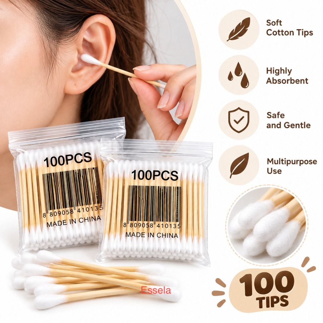 Wooden Cotton Buds 100 Tips Pack (Category: Sanitary Hygiene) located in Malabon City. Submitted by ph_ohkaye (Listing ID 1471254784, Image 2). Description: - 100 pieces per pack in a reusable clear ziplock bag - Made with sturdy wooden sticks and soft, gentle cotton tips - Multi-purpose: ideal for makeup touch-ups, personal hygiene, and cleaning small items - Eco-friendly wooden handle design - Bulk sets available for better value - 11 pesos per
