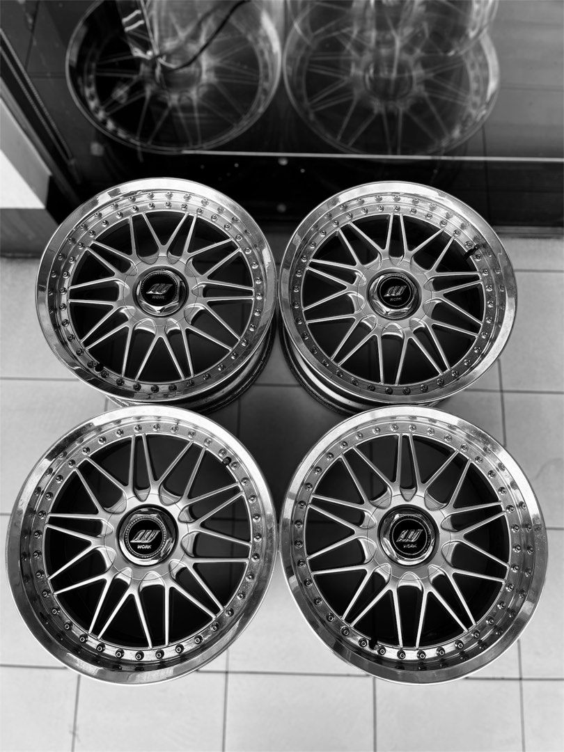 Work Rezax I (Category: Mags and Tires) located in Las Pinas. Submitted by kaelkaelka (Listing ID 1471147867, Image 1). Description: - Brand/Model: Work Rezax I - 17s 5x114 et45 - Design: Classic multi-spoke mesh design with polished chrome lip and center caps - Condition: Excellent, well-maintained with visible genuine markings also need repolish - Perfect upgrade for car enthusiasts looking for a clean JDM/stanced look - Meetup location: Vista 