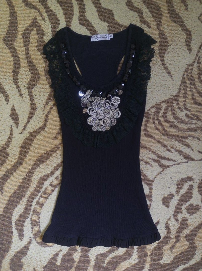 y2k embellished ribbed tank top (Category: Sleeveless) located in San Pedro. Submitted by vishavriksha (Listing ID 1471254942, Image 1). Description: ‎🖤 y2k embellished ribbed tank top ‎ ‎𝗺𝗶𝗻𝗲 : ₱149 ‎𝗴𝗿𝗮𝗯 : ₱199 ‎𝗹𝗼𝗰𝗸 : ₱249 (au) ‎ ‎༝ xs ‎༝ brand : caipirinha.