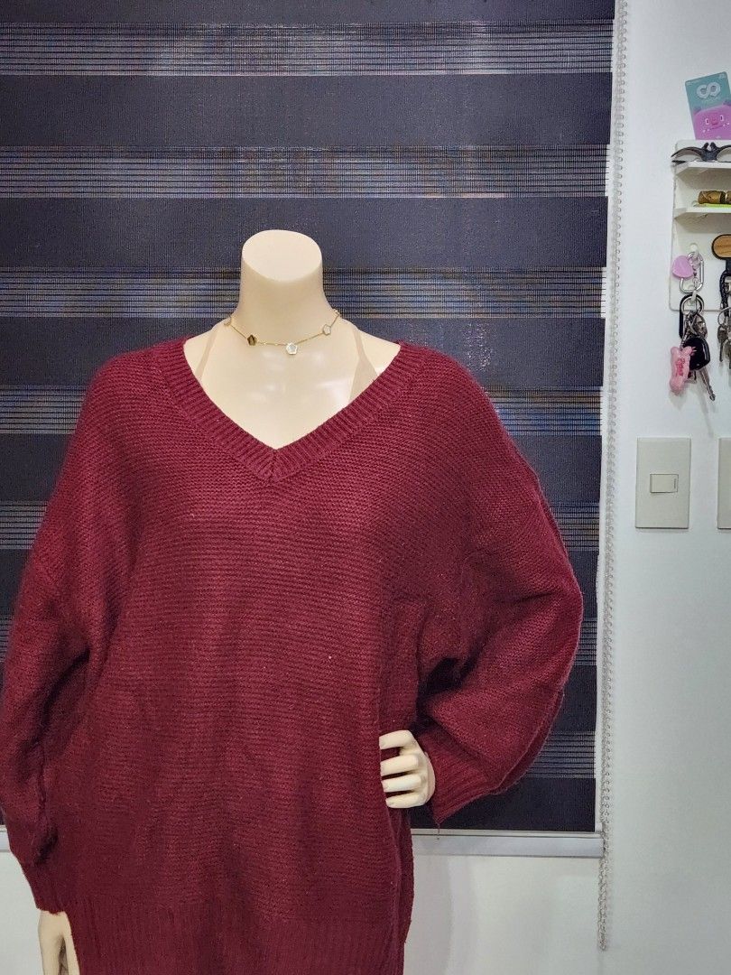 Y-39 ✨ Maroon V-Neck Oversized Knit Sweater (Category: Longsleeves) located in Tanza. Submitted by wearitagainph (Listing ID 1471207634, Image 2). Description: ✨ Maroon V-Neck Oversized Knit Sweater * Bust: 52" * Length: 29" * Condition: Pre-loved / Excellent * Details: Cozy oversized long-sleeve knit sweater in a rich maroon/maroon-red shade featuring a stylish V-neckline. Relaxed fit, super comfortable, and perfect for cold-weather layering! DM