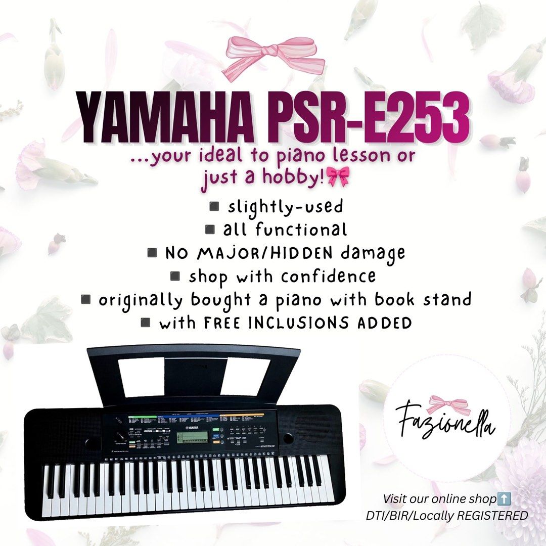 Yamaha PSR-E253 Digital Piano Keyboard (Slightly-Used) (Category: Musical Instruments) located in La Trinidad. Submitted by fazionella2026 (Listing ID 1471202824, Image 1). Description: *Fixed Price *No return, No exchange Policy •Nationwide Shipping •Local Dropping-Cash On Pickups (La Trinidad/Baguio City residence)-claimable for 5 days For more details visit our page @Fazionella. Read our ABOUT SHOP regarding on returns and refunds and other po