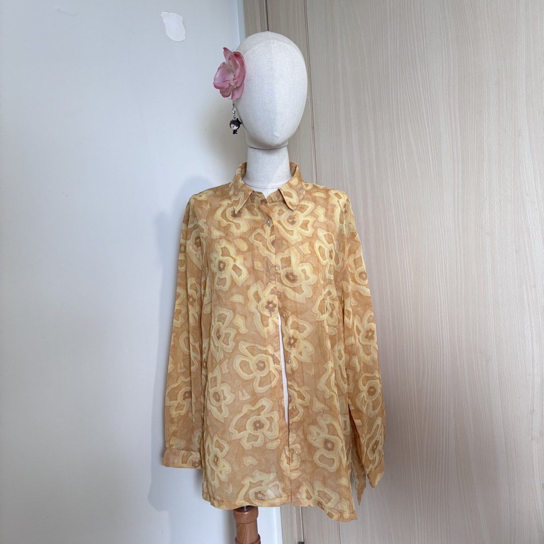 yellow floral sheer button up shirt (Category: Blouses) located in Quezon City. Submitted by yamakento (Listing ID 1471144965, Image 1). Description: fits s-m; with flaw (3rd pic).