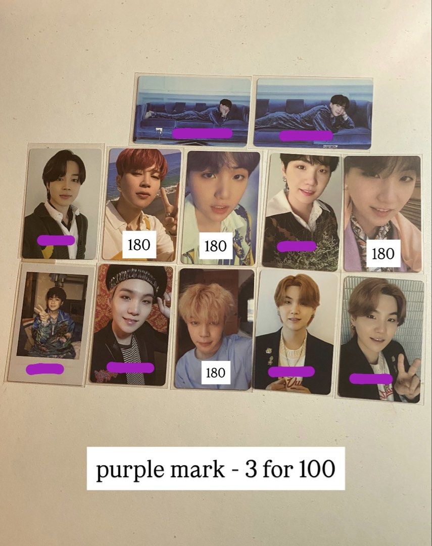 Yoonmin Photocards (Category: K-Wave Merchandise) located in Las Pinas. Submitted by yoonminiecart (Listing ID 1471189230, Image 1). Description: BTS Yoongi (SUGA) and Jimin official photocards Purple lines - 3 for 100 (35 each) Album pcs - 180 each .