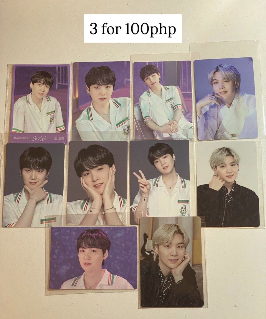 Yoonmin Photocards (Category: K-Wave Merchandise) located in Las Pinas. Submitted by yoonminiecart (Listing ID 1471189230, Image 2). Description: BTS Yoongi (SUGA) and Jimin official photocards Purple lines - 3 for 100 (35 each) Album pcs - 180 each .