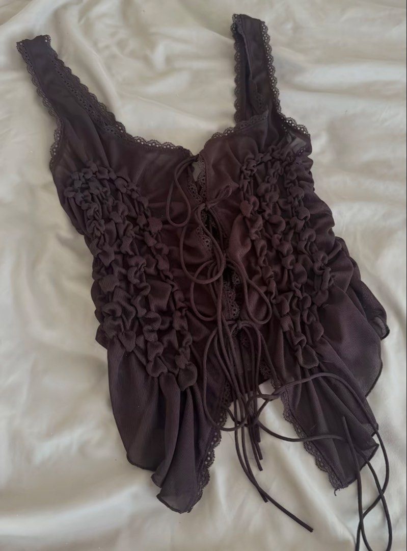 ZARA Brown mesh lace-up ruched cami top (Category: Sleeveless) located in Manila. Submitted by eyaaa___ (Listing ID 1471148463, Image 1). Description: Size: Small but runs XS since I’m originally an XS Only used twice so it’s good as new ! .