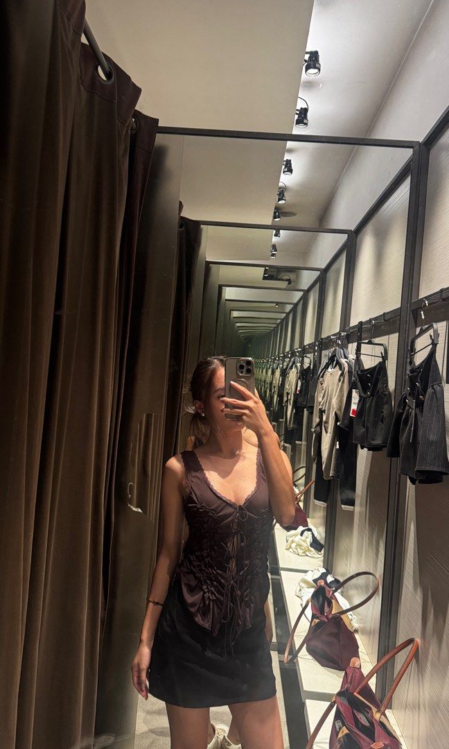 ZARA Brown mesh lace-up ruched cami top (Category: Sleeveless) located in Manila. Submitted by eyaaa___ (Listing ID 1471148463, Image 2). Description: Size: Small but runs XS since I’m originally an XS Only used twice so it’s good as new ! .