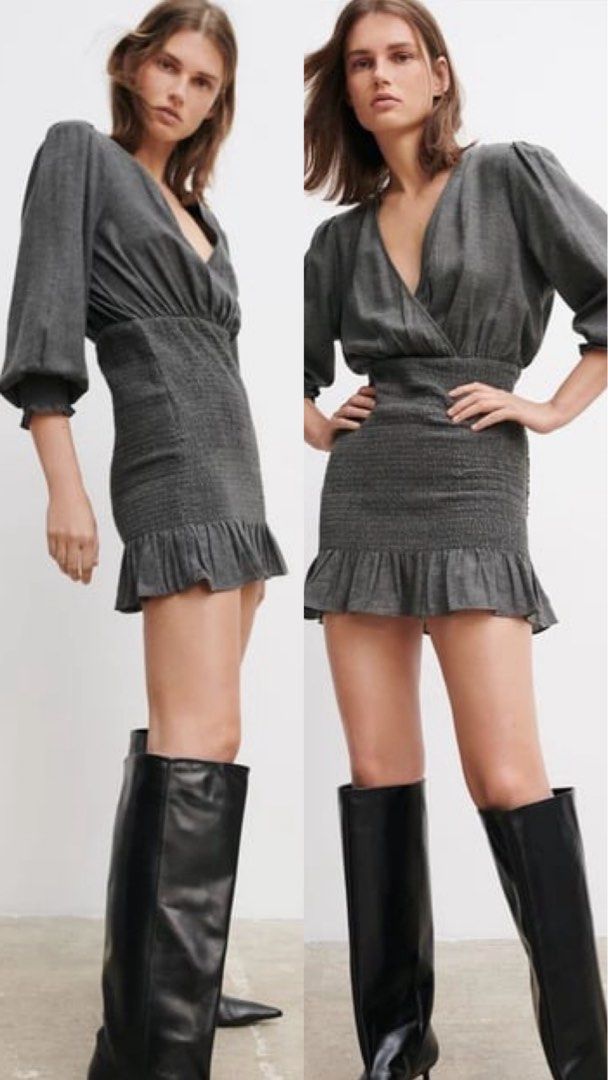 Zara Grey Smocked Wrap Mini Dress (Category: Dresses) located in Pasig City. Submitted by shopsmart.mnl (Listing ID 1471290638, Image 1). Description: Used twice Excellent condition No issues XS in tag fits up to M .