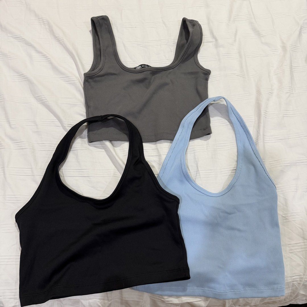 Zara Ribbed Crop Tops Bundle - Grey, Black, Blue (Category: Sleeveless) located in Caloocan City. Submitted by preloveditemsbyyana (Listing ID 1471287540, Image 1). Description: - Brand: Zara - ribbed crop tops (Grey scoop neck, Black halter, Light blue halter) - Material: Stretchy and comfortable fabric - Style: Casual basics, ideal for warm weather - Condition: Great bundle deal, selling all three together.