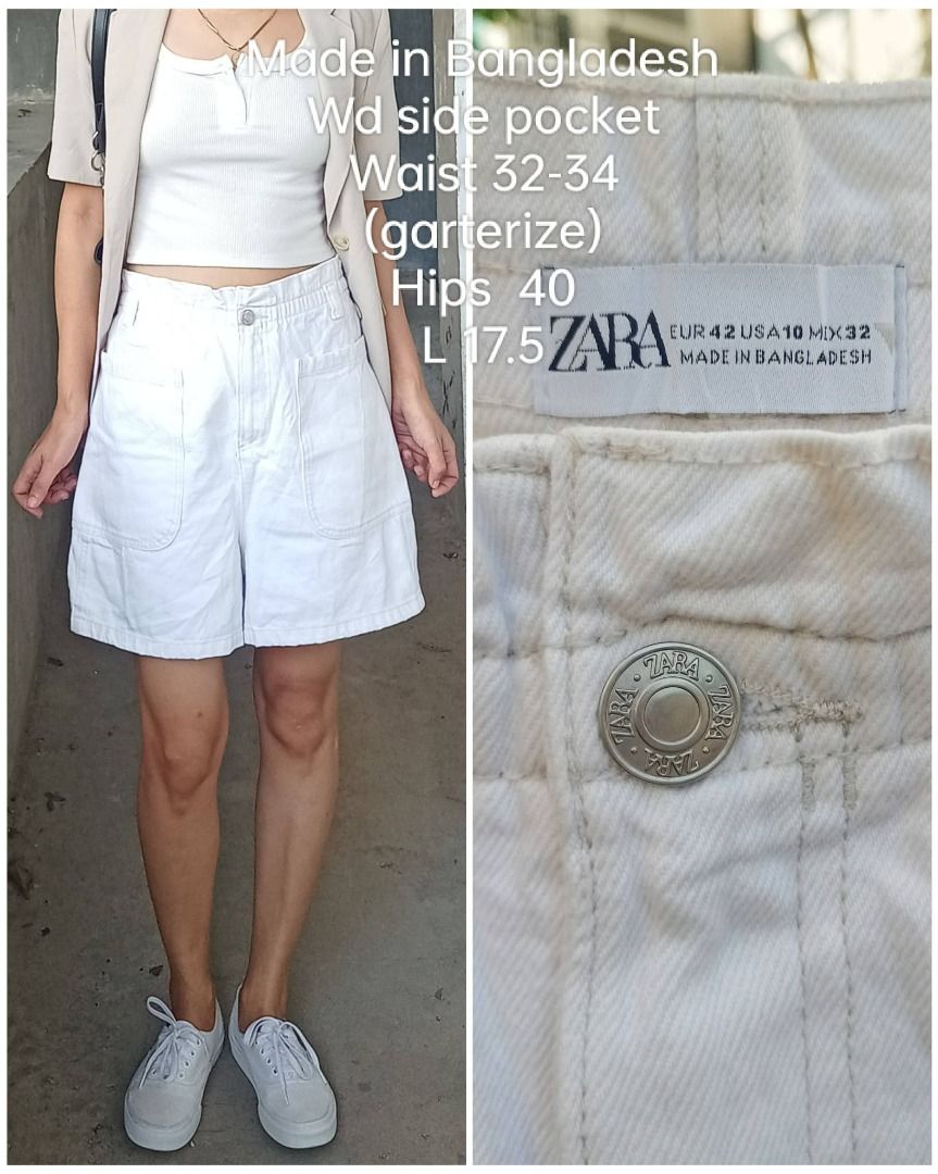 ZARA white denim highwaist short (Category: Shorts) located in Davao. Submitted by irisrazona16792 (Listing ID 1471133283, Image 1). Description: Made in Bangladesh Wd side pocket Waist 32-34(garterize) Hips 40 L 17.5 mall quality.