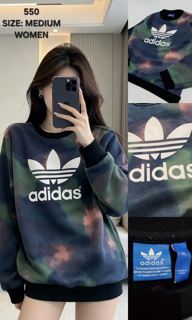 Adidas pastel camo trefoil jacket (Category: Hoodies) located in Cavite. Submitted by behindourstyle (Listing ID 1471306782, Image 2). Description: 550 only 🔥 issue: dot lang sa logo at loose stitch not visible sobrang minimal lang lahat authentic Color rate: 9/10 size s to m women Imus cavite.