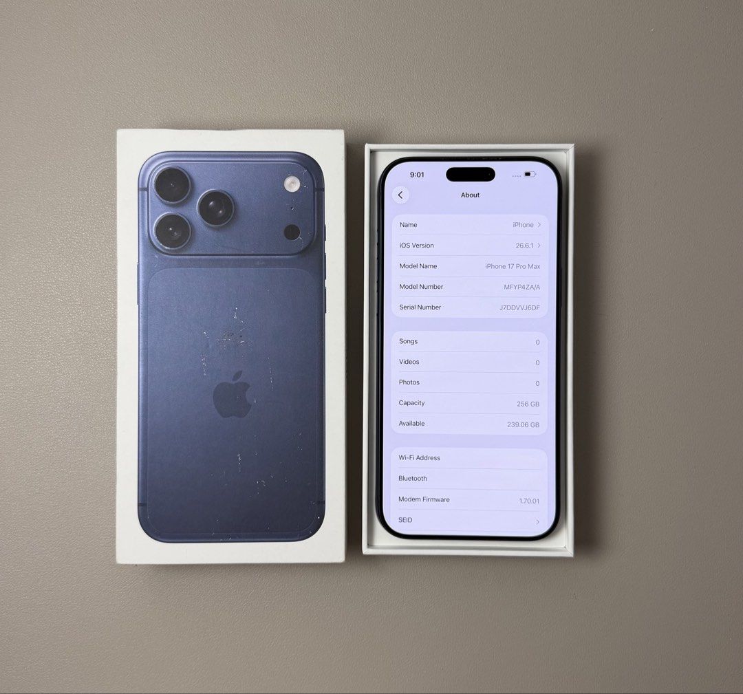 Apple iPhone 17 Pro Max - 256GB (Deep Blue) (Category: iPhone 17 Series) located in Manila. Submitted by gadgethavenph (Listing ID 1471341799, Image 2). Description: 𝐀𝐕𝐀𝐈𝐋𝐀𝐁𝐋𝐄 (𝐏𝐑𝐄𝐎𝐖𝐍𝐄𝐃) Apple iPhone 17 Pro Max | 256GB | Deep Blue 𝐏𝐫𝐢𝐜𝐞 : ₱61,990 Battery health: 91% NTC Certified iPhone No functionality issues No repair history, all original Openline (works with all networks) No iCloud issues - ready for new owner 𝐈𝐧𝐜𝐥𝐮