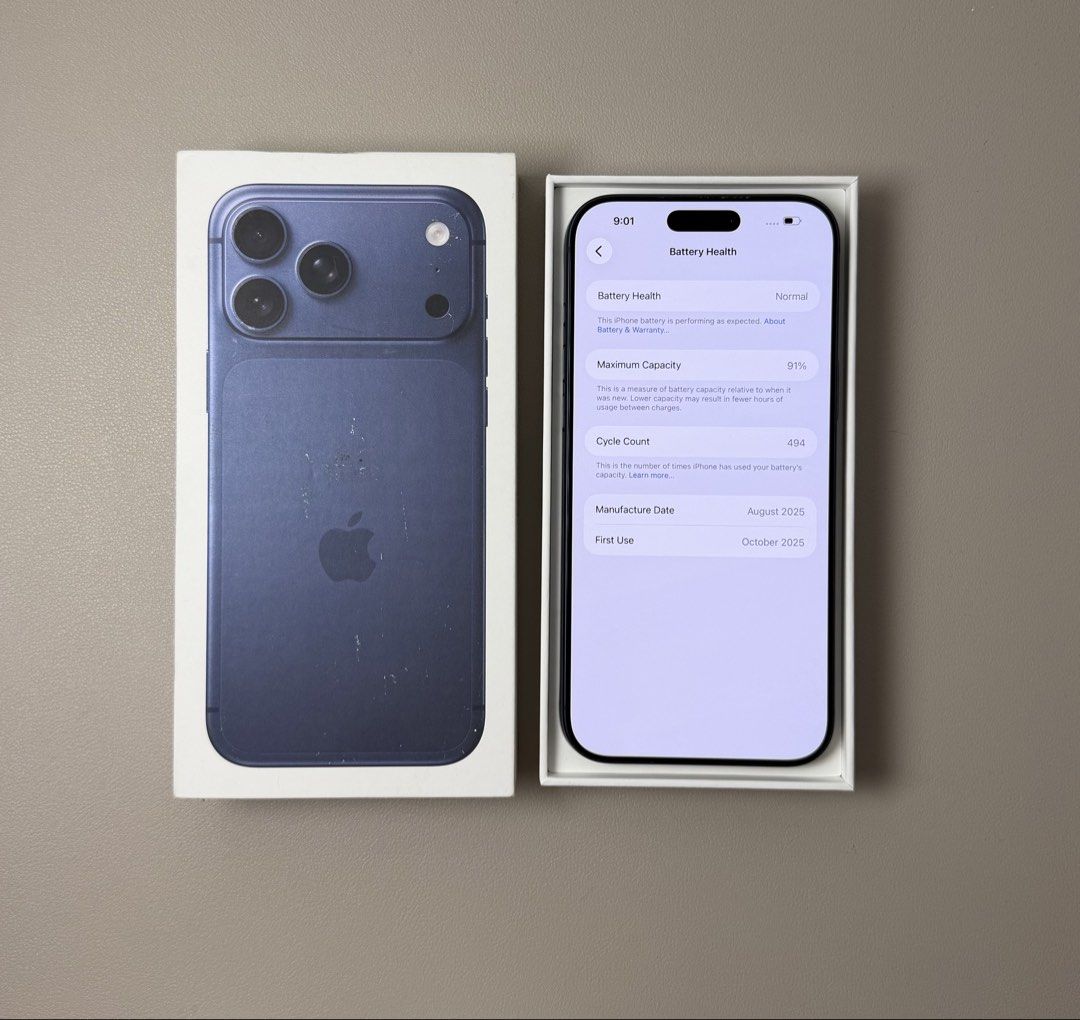 Apple iPhone 17 Pro Max - 256GB (Deep Blue) (Category: iPhone 17 Series) located in Manila. Submitted by gadgethavenph (Listing ID 1471341799, Image 3). Description: 𝐀𝐕𝐀𝐈𝐋𝐀𝐁𝐋𝐄 (𝐏𝐑𝐄𝐎𝐖𝐍𝐄𝐃) Apple iPhone 17 Pro Max | 256GB | Deep Blue 𝐏𝐫𝐢𝐜𝐞 : ₱61,990 Battery health: 91% NTC Certified iPhone No functionality issues No repair history, all original Openline (works with all networks) No iCloud issues - ready for new owner 𝐈𝐧𝐜𝐥𝐮