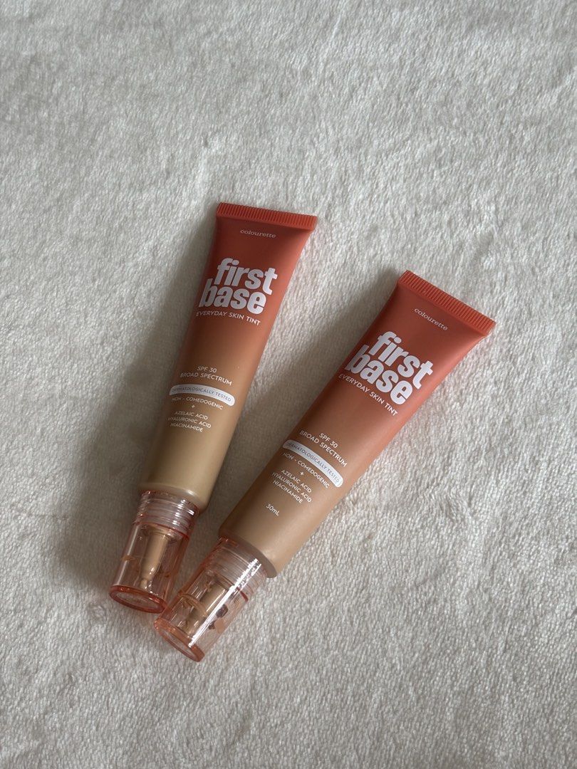 Colourette First Base Everyday Skin Tint (2 for 540) (Category: Makeup) located in Quezon City. Submitted by haha10_4 (Listing ID 1471342736, Image 1). Description: - Brand/Item: Colourette First Base Everyday Skin Tint - Volume/Packaging: 30ml tube with pump dispenser - Shade 1: Coron (Light medium with olive undertone) | Expiry: June 2029 - Shade 2: Siargao (Light medium with cool undertone) | Expiry: November 2028 - Key Ingredients: SPF 30, az