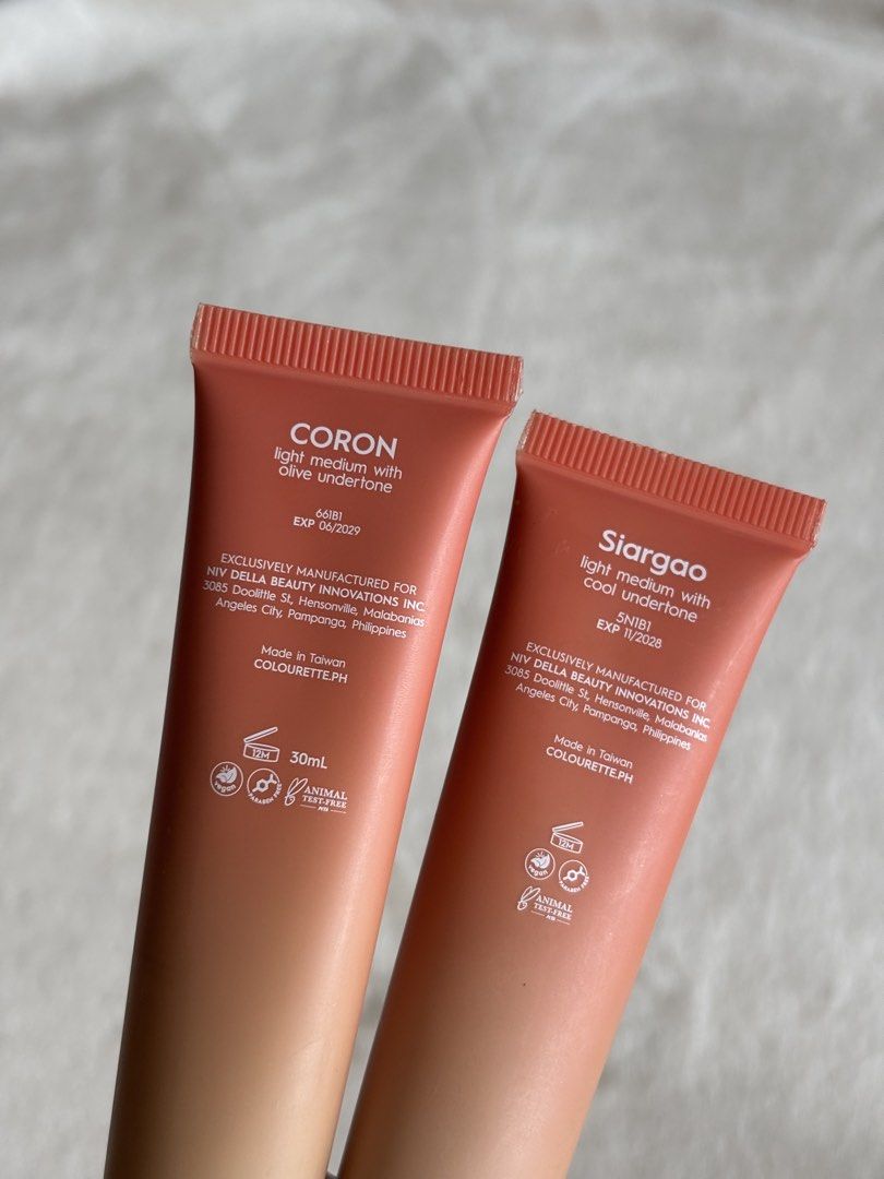 Colourette First Base Everyday Skin Tint (2 for 540) (Category: Makeup) located in Quezon City. Submitted by haha10_4 (Listing ID 1471342736, Image 3). Description: - Brand/Item: Colourette First Base Everyday Skin Tint - Volume/Packaging: 30ml tube with pump dispenser - Shade 1: Coron (Light medium with olive undertone) | Expiry: June 2029 - Shade 2: Siargao (Light medium with cool undertone) | Expiry: November 2028 - Key Ingredients: SPF 30, az