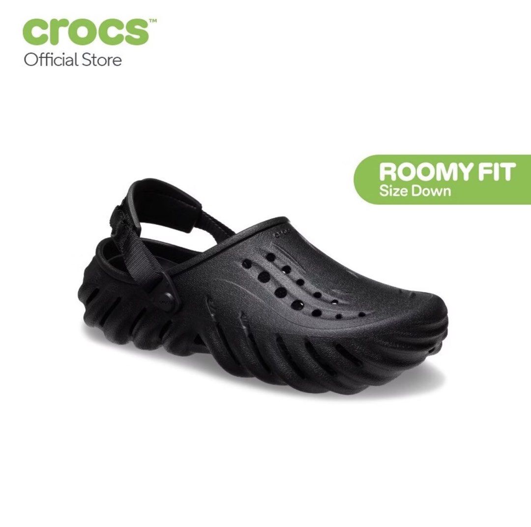 Crocs Echo Clog Black Size M8 W10 (Category: Slippers & Slides) located in Quezon City. Submitted by authenticprelovedbykate (Listing ID 1471358090, Image 2). Description: - Item: Crocs Echo Clogs - Color: Black - Size: Men 8 / Women 10 / EU 41-42 - Condition: Brand new with original tags and packaging bag - Features: Futuristic molded design, aggressive tread, adjustable heel strap, and roomy fit.