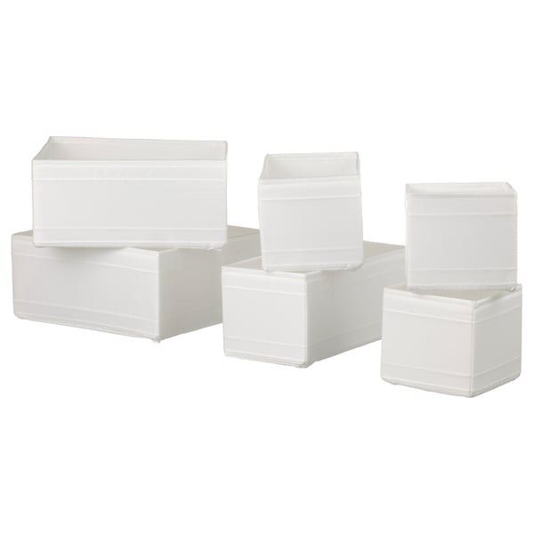 IKEA Skubb Box of 6 (2 sets) (Category: Storage Boxes & Baskets) located in Quezon City. Submitted by eicadh (Listing ID 1471399196, Image 1). Description: - Set of 6 white fabric storage boxes in different sizes - Perfect for organizing drawers, closets, shelves, and tabletops - Soft collapsible sides with reinforced structures for durability - Clean minimalist style to complement any room decor - Easily folds flat to save space when not in use.
