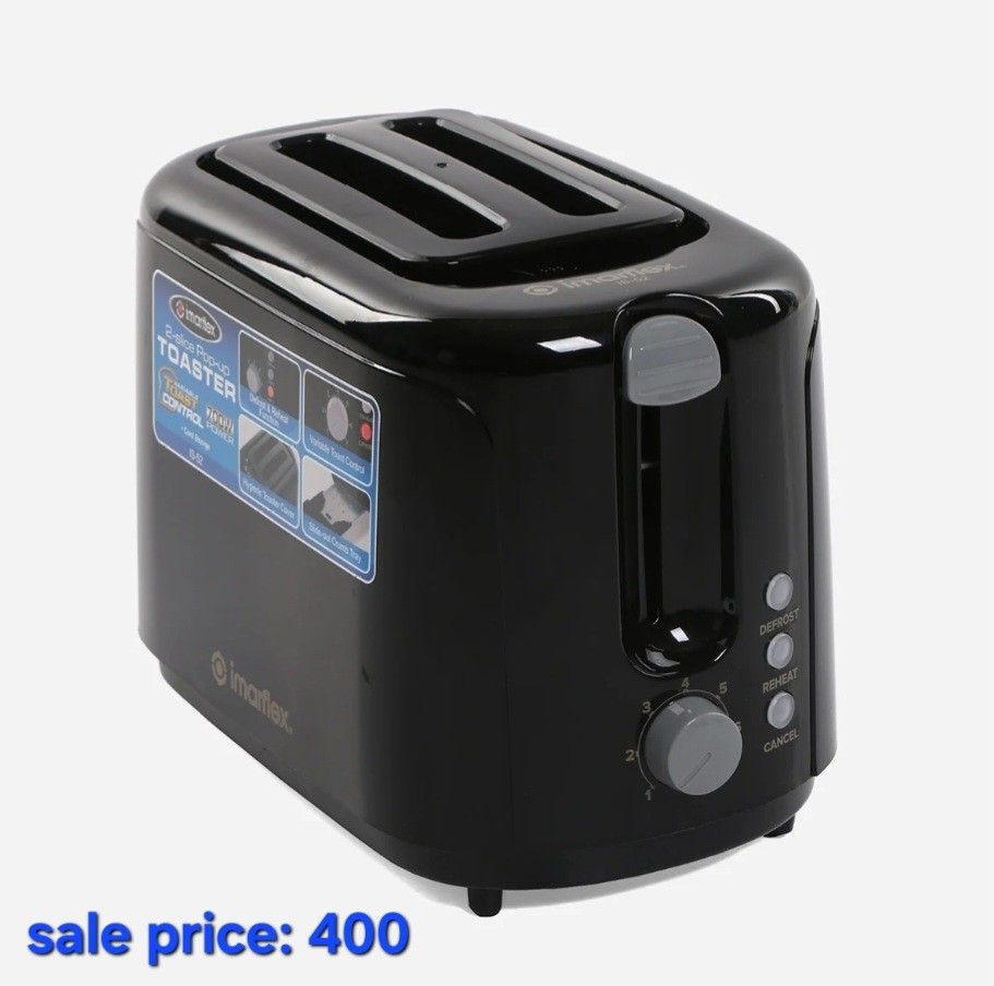 Imarflex 2-Slice Pop-Up Toaster IS-52 Black (Category: Ovens & Toasters) located in Manila. Submitted by chummynogs (Listing ID 1471314772, Image 1). Description: - Brand/Model: Imarflex IS-52 2-slice pop-up toaster in solid black - Power: 700W for quick and efficient heating - Controls: Variable toast control dial from 1 to 5 for your preferred browning level - Functions: Dedicated buttons for defrost, reheat, and cancel - Design: Practical kitc