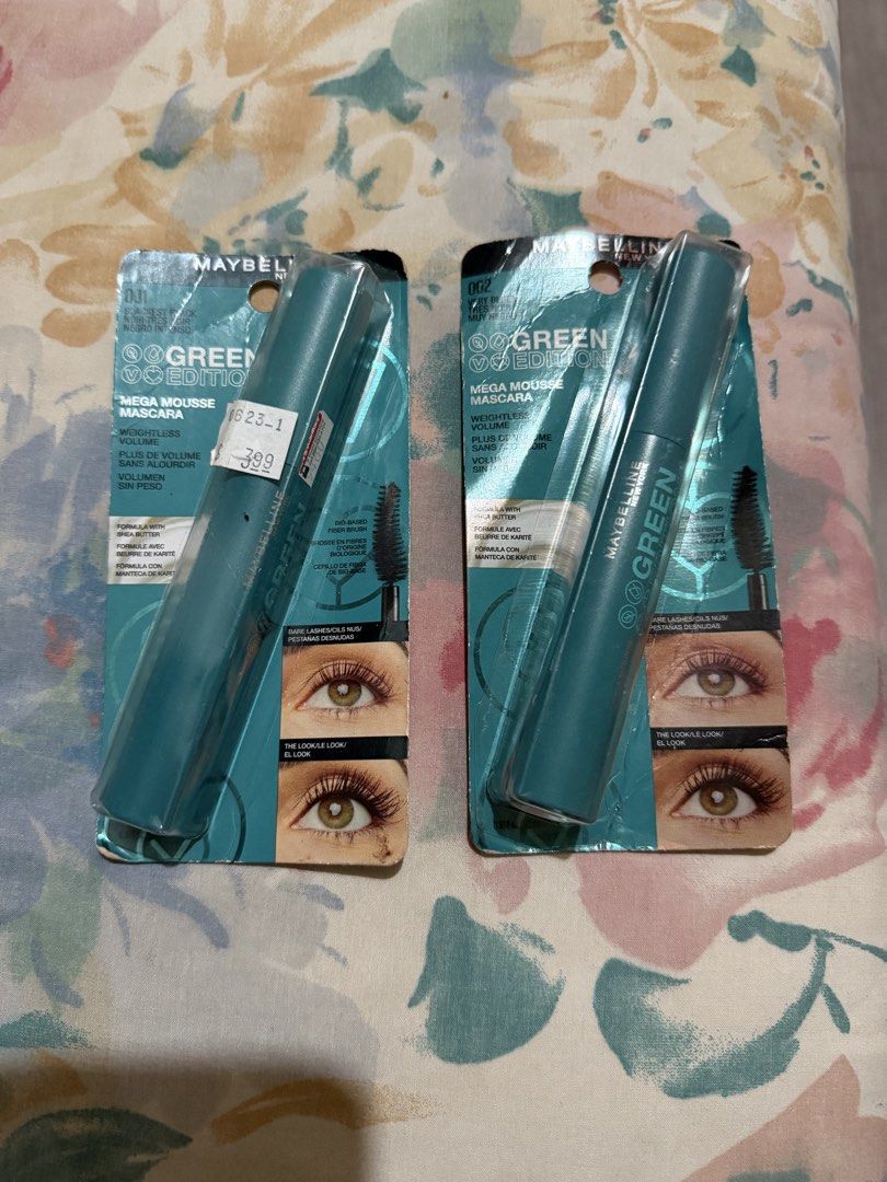 Maybelline Green Edition Mega Mousse Mascara (Category: Makeup) located in Paranaque City. Submitted by mryjwll (Listing ID 1471395106, Image 1). Description: - 2 tubes of Maybelline Green Edition Mega Mousse Mascara - Shades: 001 Blackest Black and 002 Very Black - Weightless volume formula infused with shea butter - Eco-friendly bio-based fiber brush for smooth application - Brand new and unopened with original Ross price tags - Selling as a se