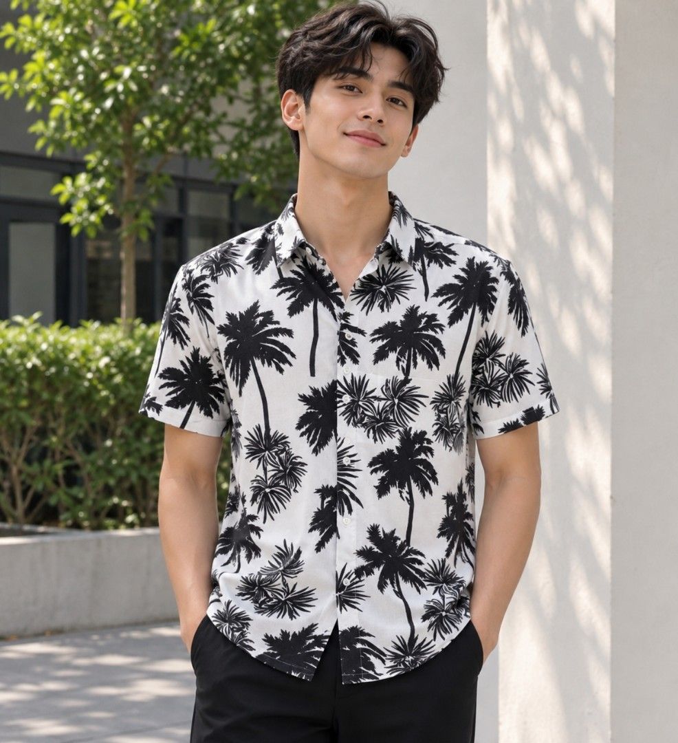 Men's Palm Tree Print Short Sleeve Button-Down Casual Shirt (Category: Tshirts & Polo Shirts ) located in Binan City. Submitted by katespanie (Listing ID 1470623751, Image 1). Description: Sobrang linis ng shirt at wala siyang anything na sira, butas, o defects. Buong-buo pa ang mga tahi at kumpleto ang mga butones, kaya naman wala kang makikitang mantsa o fade sa tela. For men shirt (Medium) pwede suot in summer sa vacation. 📍 Location: LAGUNA 