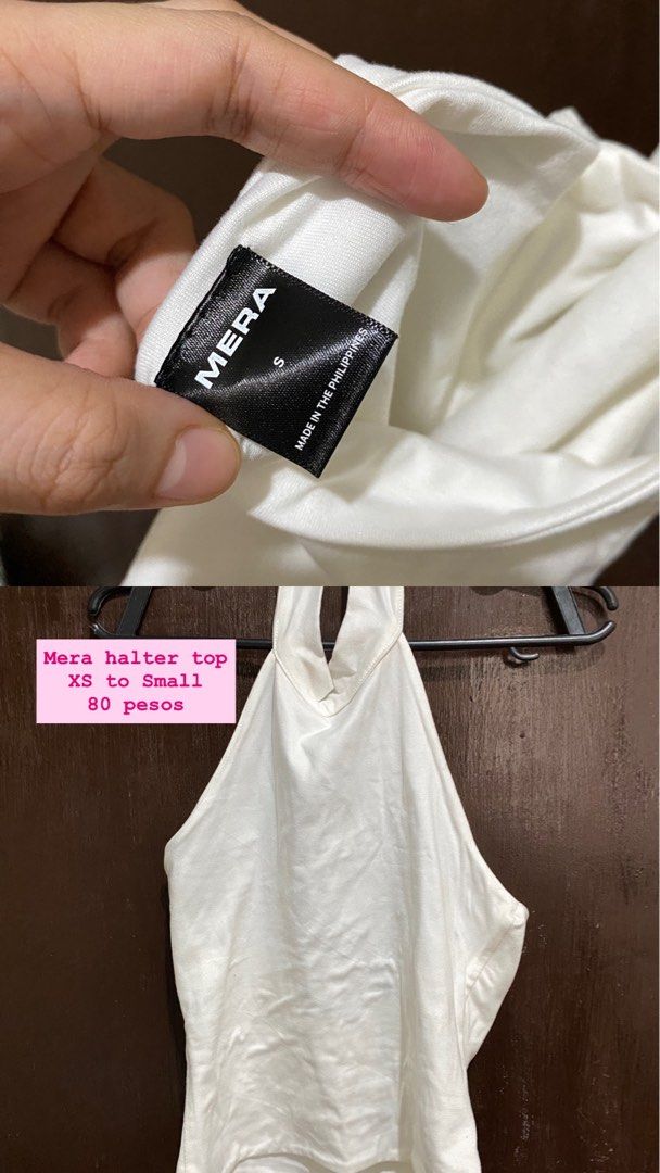 Mera White Halter Top Size S (Category: Sleeveless) located in Manila. Submitted by rie_647d22 (Listing ID 1471363598, Image 1). Description: - Brand: Mera - Color: White - Size: S (fits XS to small frames nicely) - Style: Simple sleeveless halter top, great for layering or solo wear - Origin: Made in the Philippines - Condition: Clean and ready to wear.