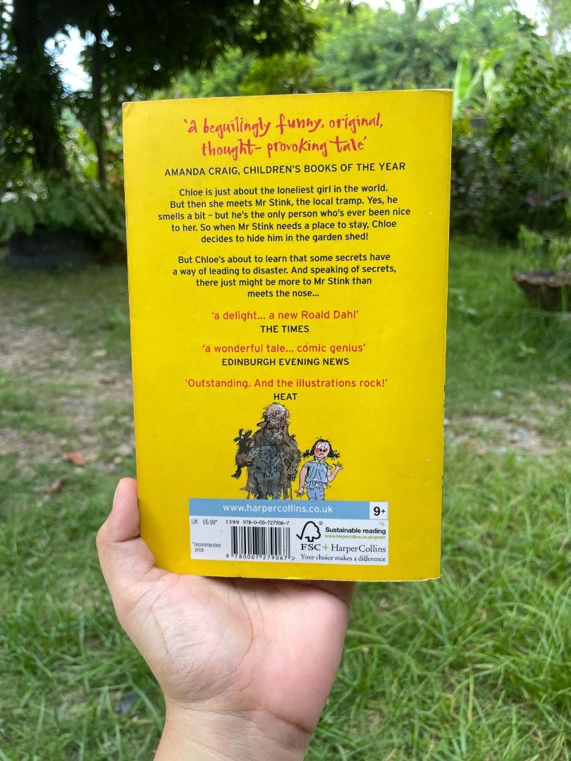 Mr Stink by David Walliams paperback (Category: Children's Books) located in Tumauini. Submitted by qeynichi (Listing ID 1471426343, Image 3). Description: - Title: Mr Stink by David Walliams - Illustrator: Quentin Blake - Format: Paperback, standard novel size - Condition: Pages intact and ready for reading - Design: Bright yellow cover with iconic illustrations - Summary: A wonderful children's story about Chloe and a local tramp.