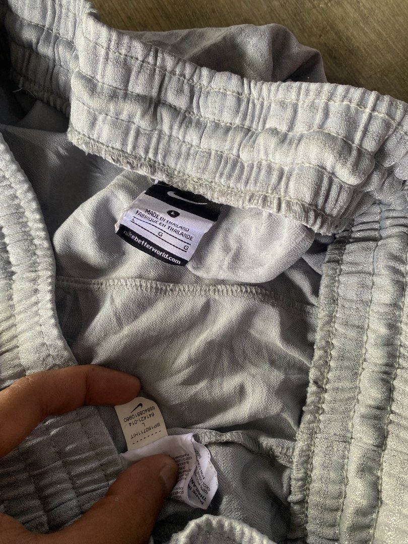 Nike Gray Athletic Shorts Size L (Category: Shorts) located in Manila. Submitted by mystic.enrique_romulo (Listing ID 1471307343, Image 2). Description: - Brand: Nike - Color: Gray with white embroidered swoosh logo - Size: Large - Material: Breathable, high-quality fabric - Features: Elastic waistband with adjustable drawstring, deep side pockets - Condition: Excellent / Pre-loved (as described) - Best for: Sports, workouts, gym, or casual loung