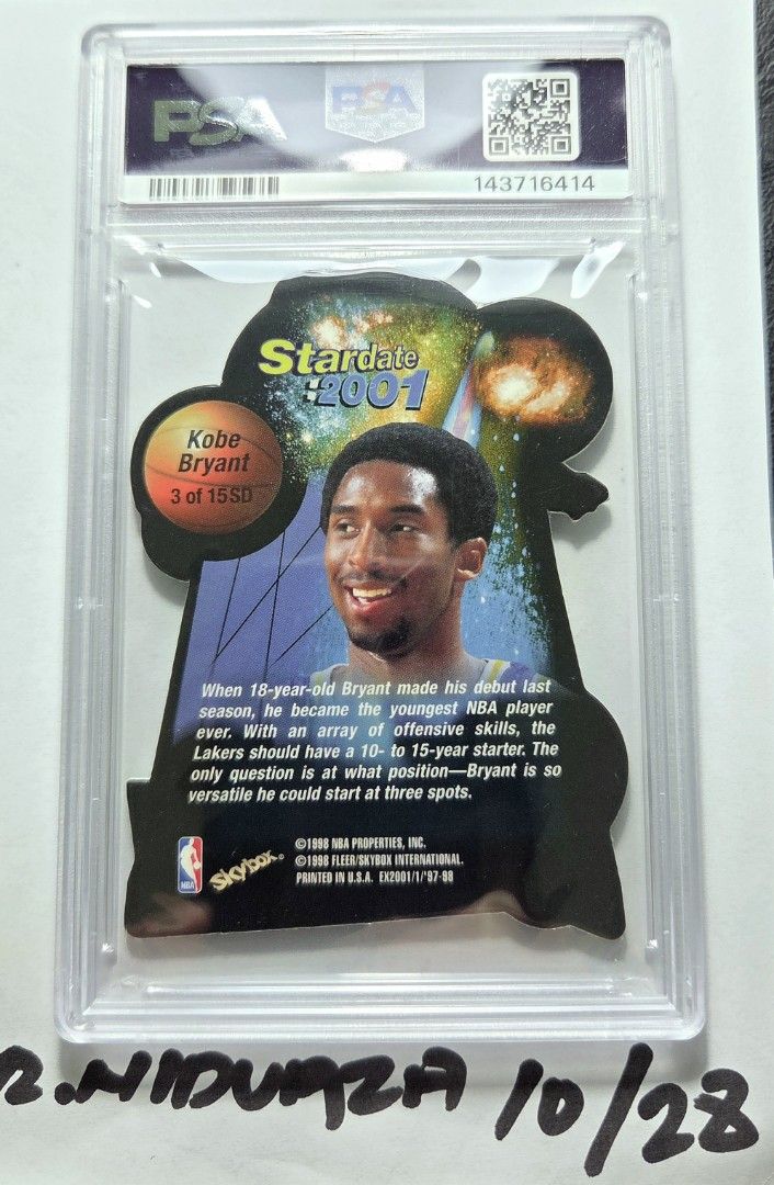 Kobe Bryant 3 (Category: Graded Singles) located in Las Pinas. Submitted by run800 (Listing ID 1471299775, Image 2). Description: PSA 8 Kobe Bryant 1997 Star date 2001 Clean and sharp No damage on slab Location: Laspimlnas City Payment via BPI / Gcash Shipping / Lalamove at buyer's expense Please manage your booking.
