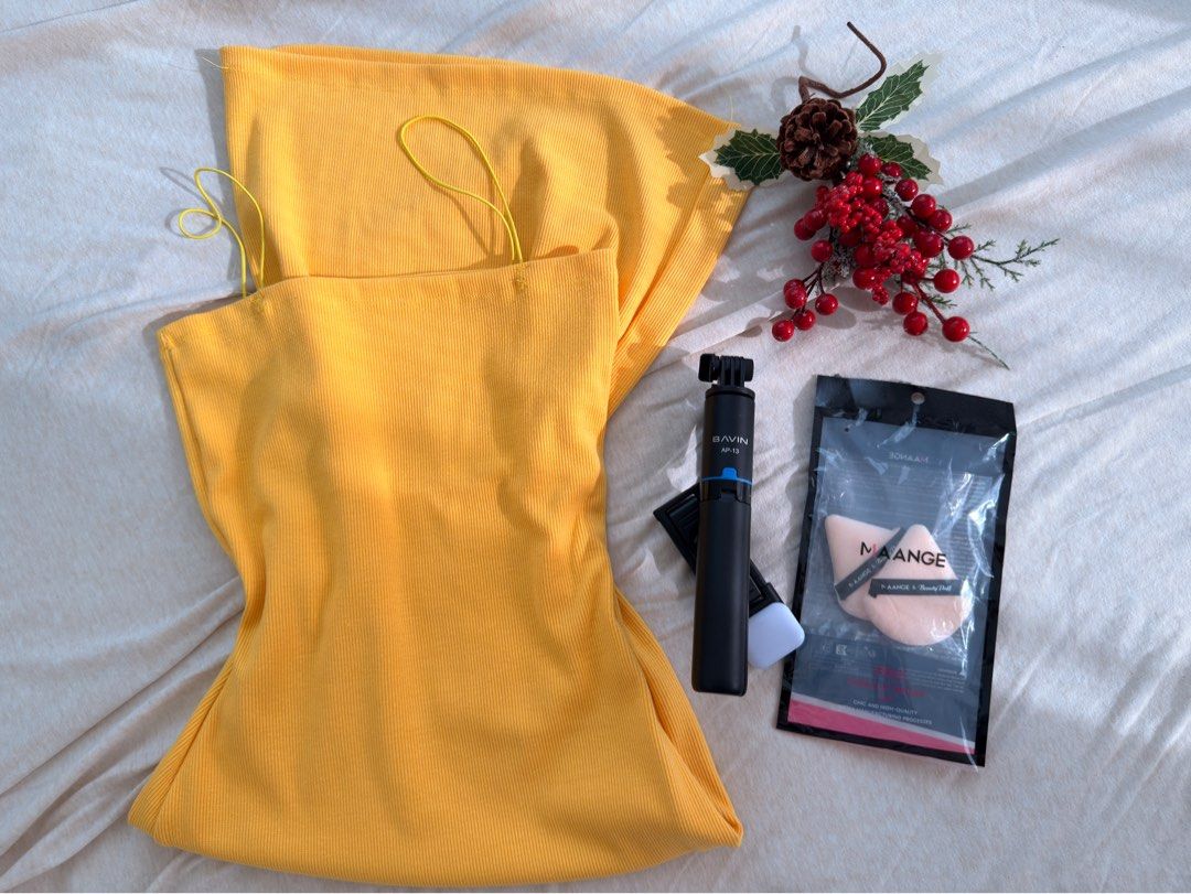 Take All P500 only! (Category: Dresses) located in Cavite. Submitted by shopnshare (Listing ID 1471311397, Image 1). Description: Take All P500 only! 1. Yello Ribbed Bodycon Dress- washed but unused. Fits S-M 2. Bavin Tripod with shutter 3. Maange Beauty Puff (2pcs)-new.