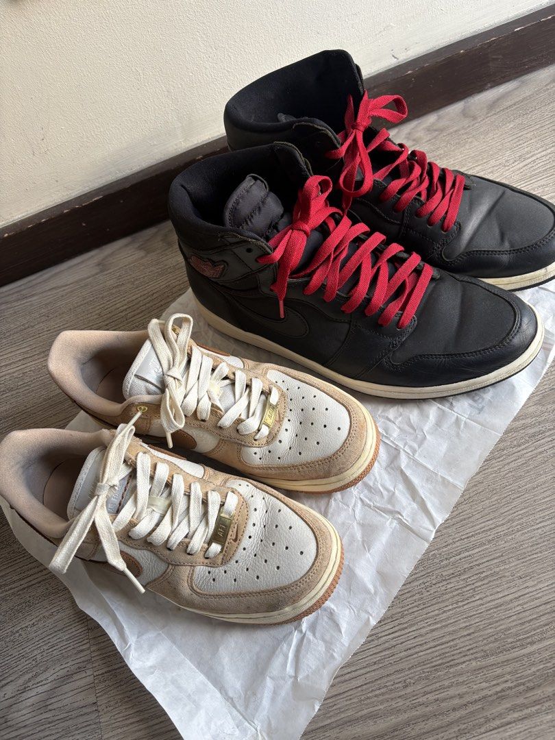 TAKE BOTH! Nike Air Force 1 and Air Jordan 1 Bundle (Category: Sneakers) located in Taguig. Submitted by winterinjuly (Listing ID 1471301469, Image 1). Description: Take Both shoes! Both already cleaned. Air Jordan 1 Retro High OG “Black Satin/Gym Red Size: UK 11/US 12 Nike Air Force 1 Low LXX “Vachetta Tan” Size: US 7 women’s I don’t have the box anymore. Bought the shoes in Seoul, South Korea and I had to throw it away so the shoes can fix in t