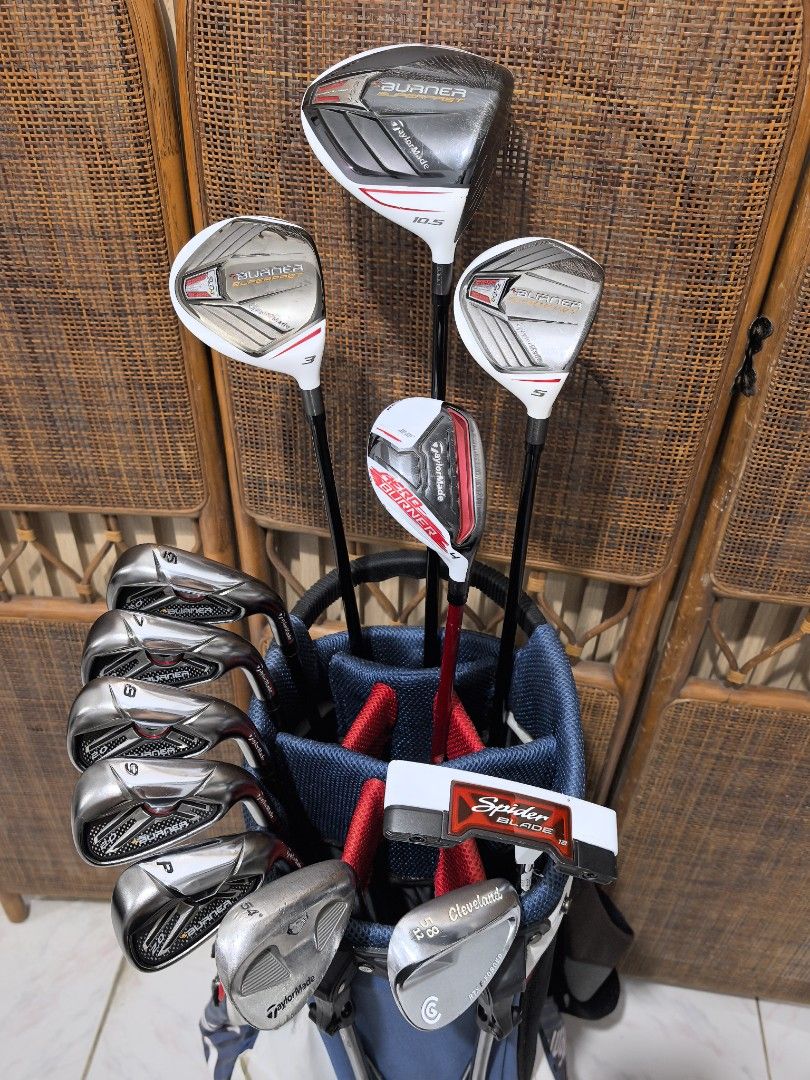 Taylormade golf set for beginners (Category: Golf) located in Caloocan City. Submitted by ace2729 (Listing ID 1471310382, Image 1). Description: TAYLORMADE BURNER GOLF SET FOR BEGINNERS * DRIVER: TAYLORMADE BURNER SUPERFAST - 10.5° - R FLEX *WOOD: TAYLORMADE BURNER SUPERFAST - #3-15° #5-18° - R FLEX *RESCUE: TAYLORMADE AEROBURNER - #4-22° - R FLEX *IRONS: TAYLORMADE BURNER 2.0 - 6,7,8,9,P & RAC 54°, CLEVELAND RTX 58° WEDGE & SPIDER BLADE PUTTER 3